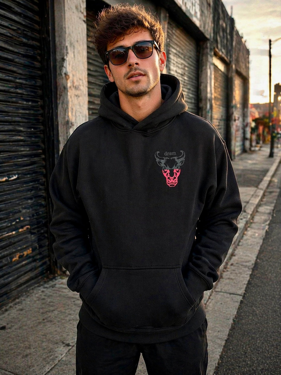 Mens Hoodie Black & Red Bull on Black Design