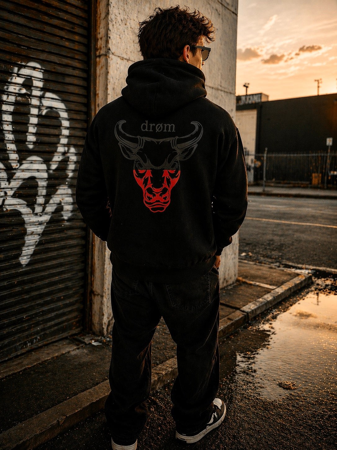 Mens Hoodie Black & Red Bull on Black Design