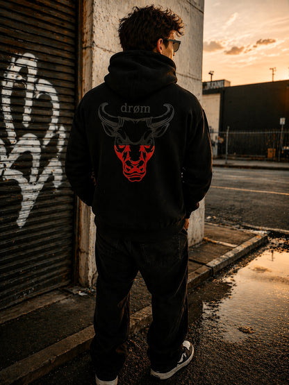 Mens Hoodie Black & Red Bull on Black Design