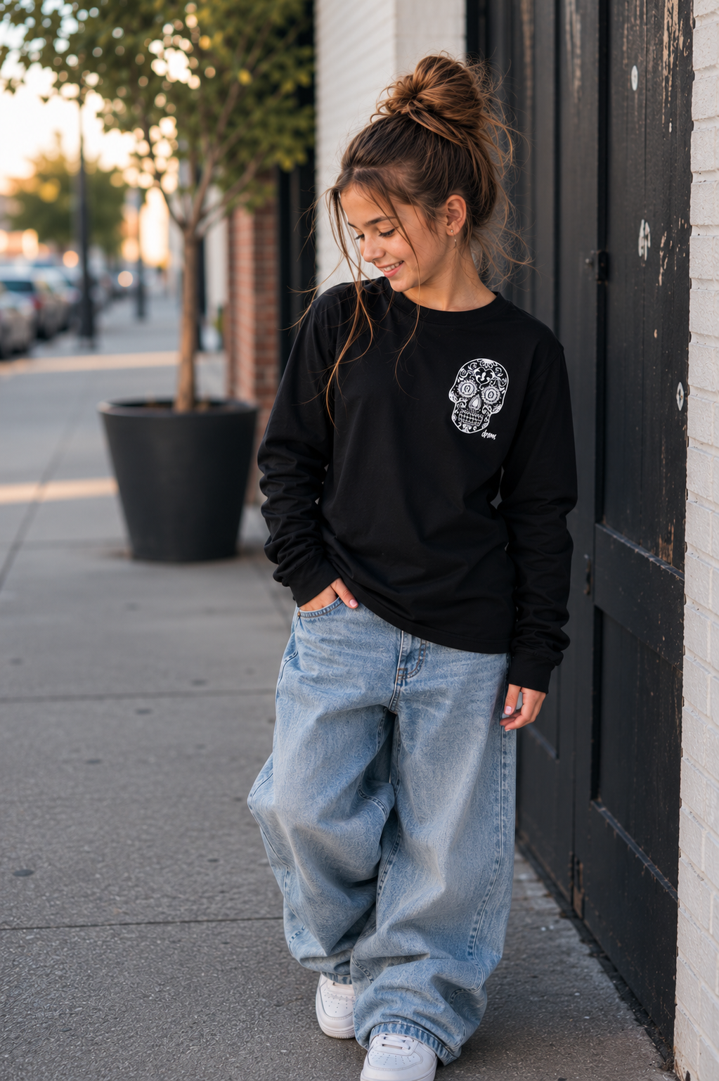 Girls Long Sleeve Tee Sugar Skull Design